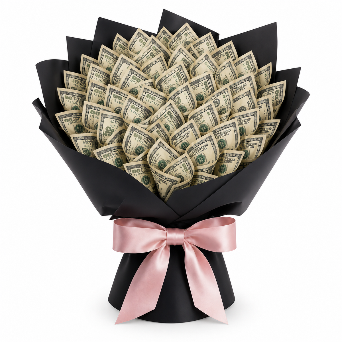 Money Bouquet - cash flower bouquet with black wrap and pink bow