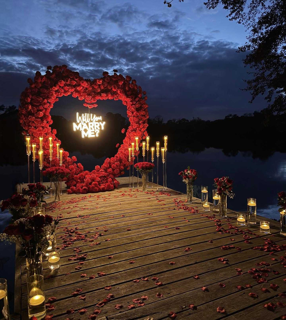 Luxury proposal setup at dusk