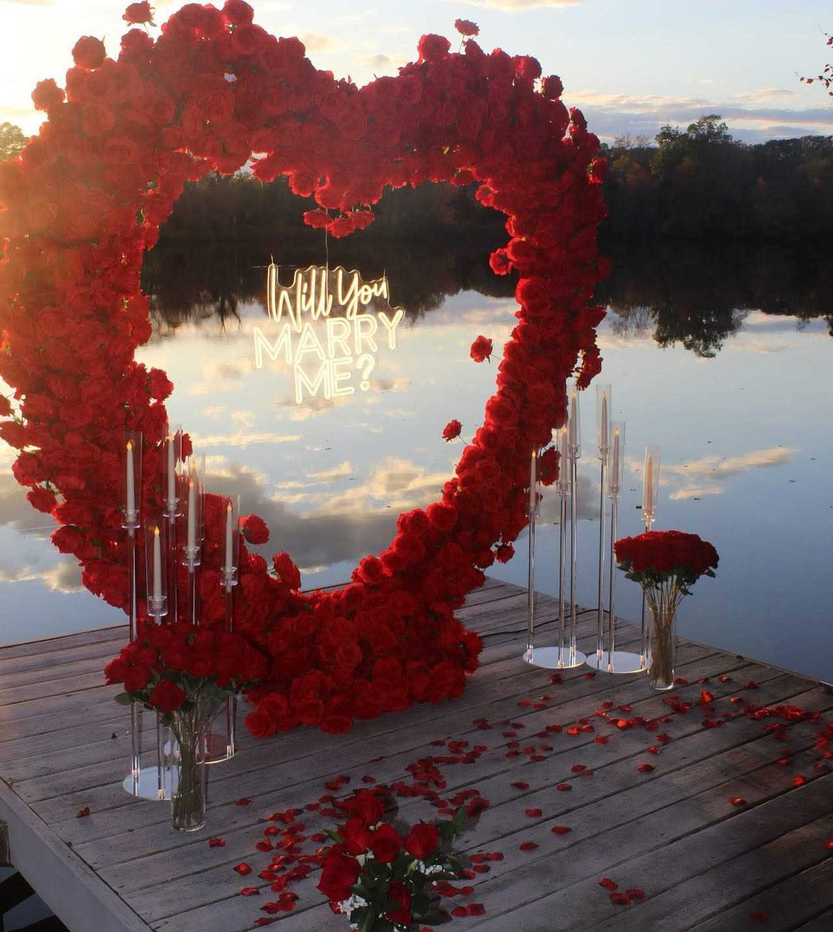 Rose heart arch with Will You Marry Me sign